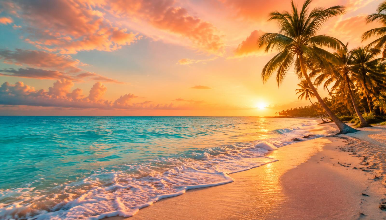 Tropisch strand bij zonsondergang